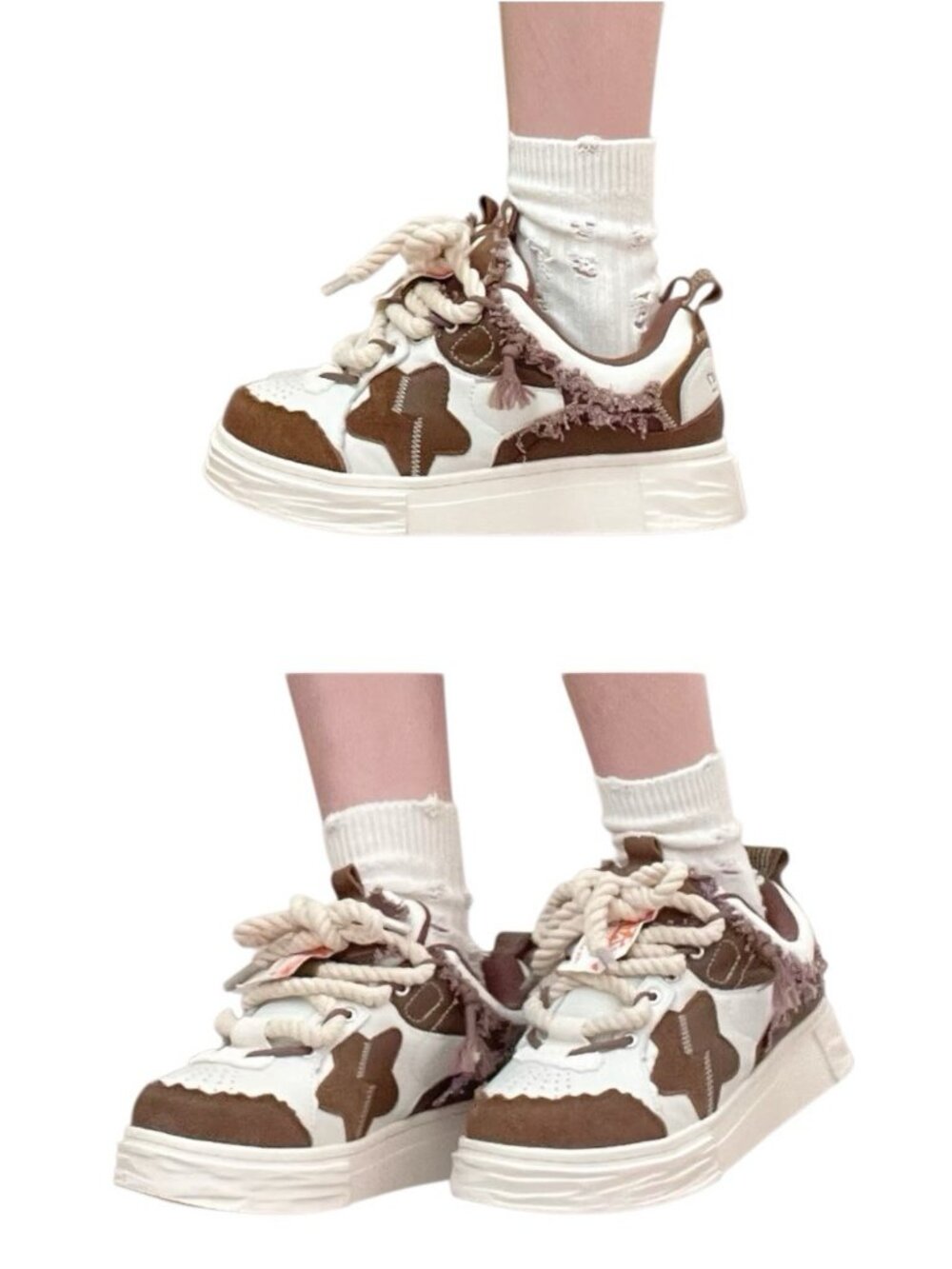 Reviver Lab Women Sneakers Star Patch Chunky Shoes US 6.5 EU 37 Brown White